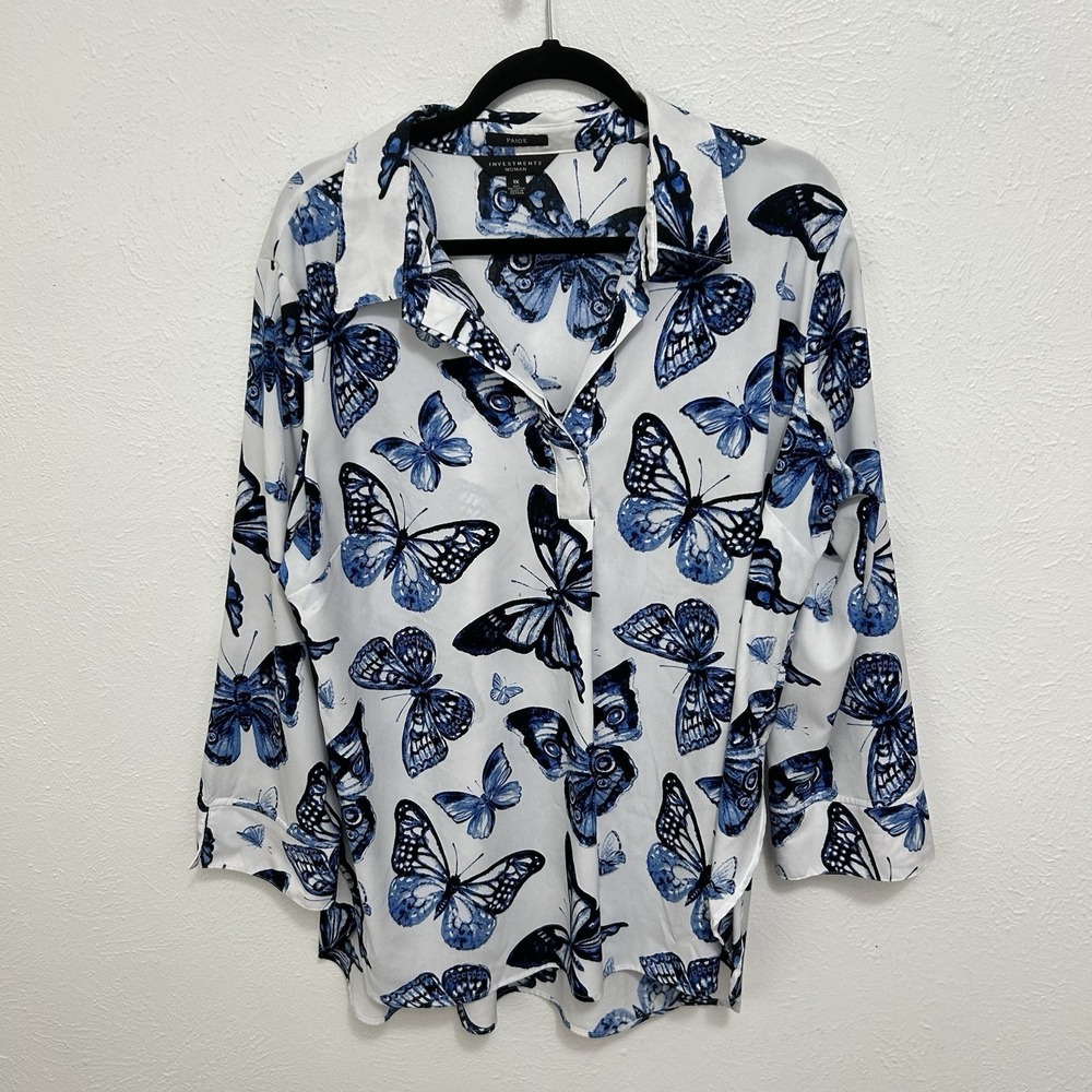 Paige Investments Blouse Popover Top 1X Blue Butterfly Summer Spring Party VNeck
